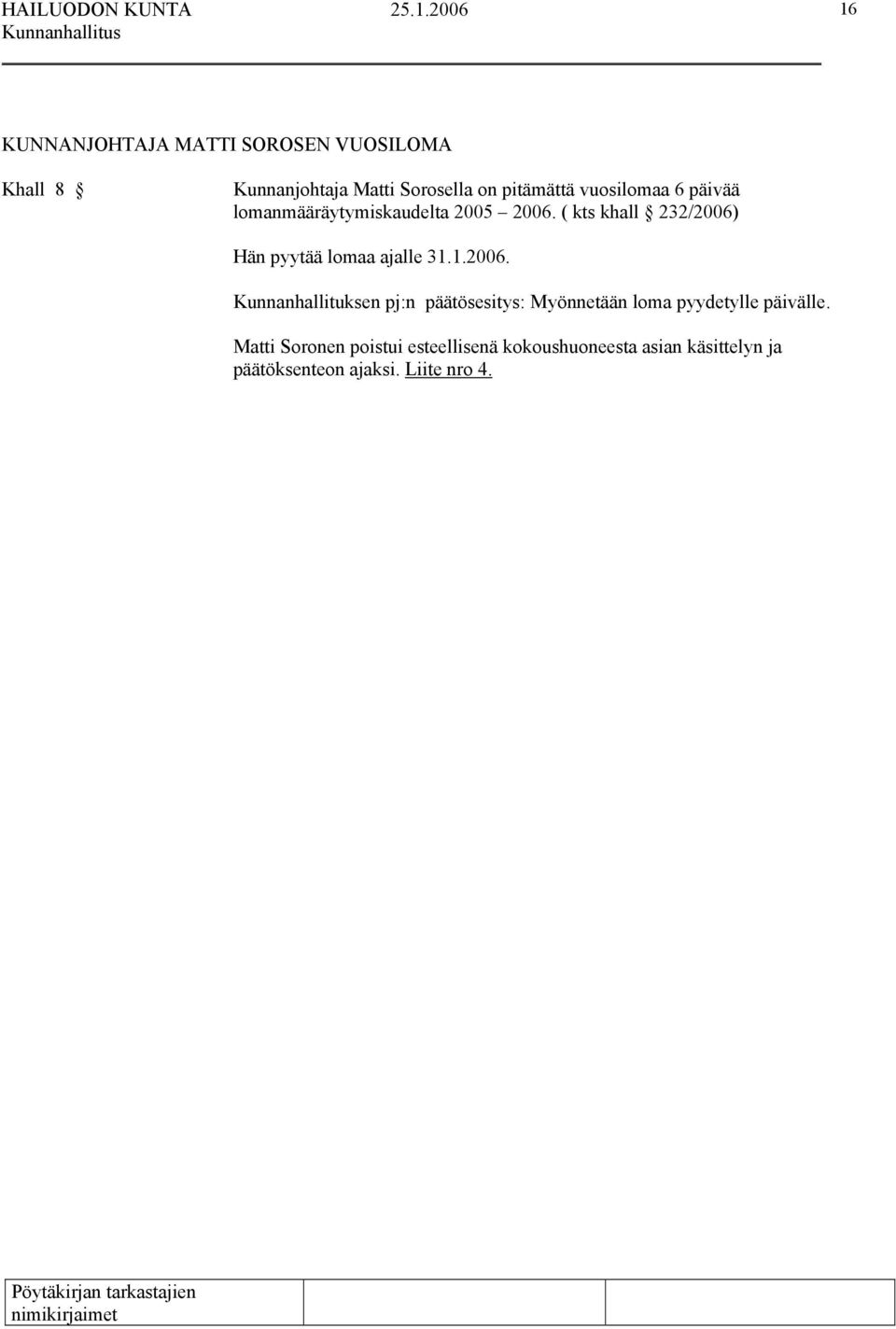 ( kts khall 232/2006) Hän pyytää lomaa ajalle 31.1.2006. Kunnanhallituksen pj:n päätösesitys: Myönnetään loma pyydetylle päivälle.