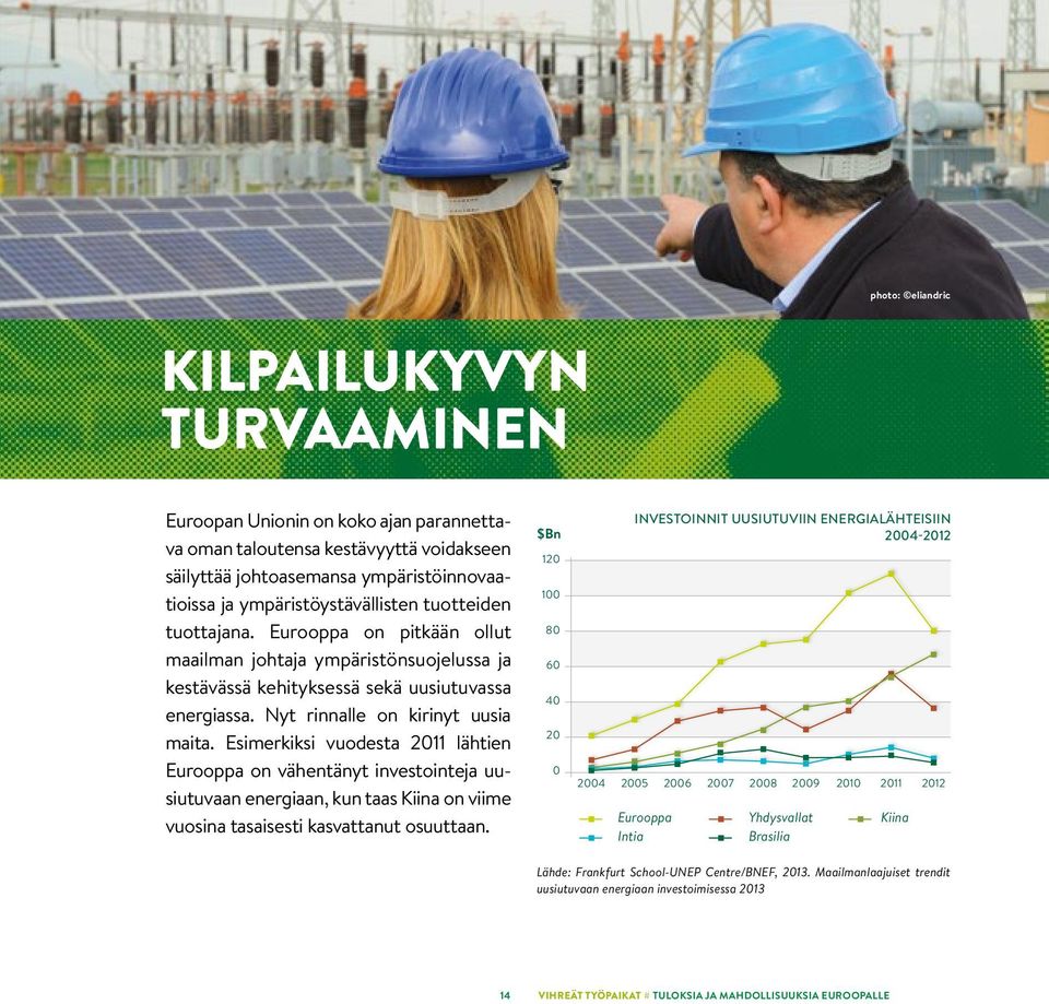 Esimerkiksi vuodesta 2011 lähtien Eurooppa on vähentänyt investointeja uusiutuvaan energiaan, kun taas Kiina on viime vuosina tasaisesti kasvattanut osuuttaan.