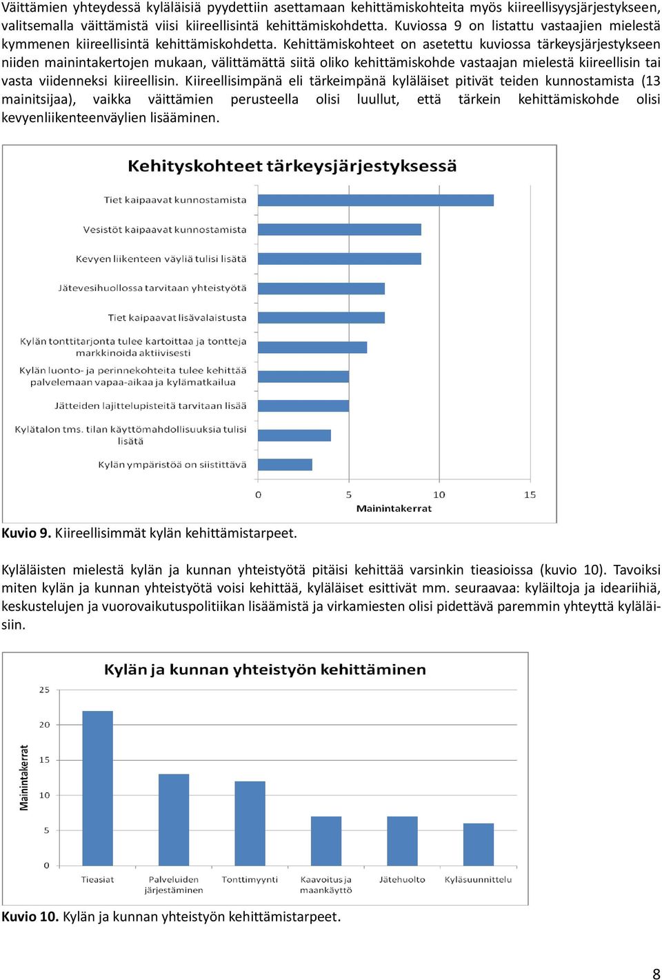 Kehittämiskohteet on asetettu kuviossa tärkeysjärjestykseen niiden mainintakertojen mukaan, välittämättä siitä oliko kehittämiskohde vastaajan mielestä kiireellisin tai vasta viidenneksi kiireellisin.