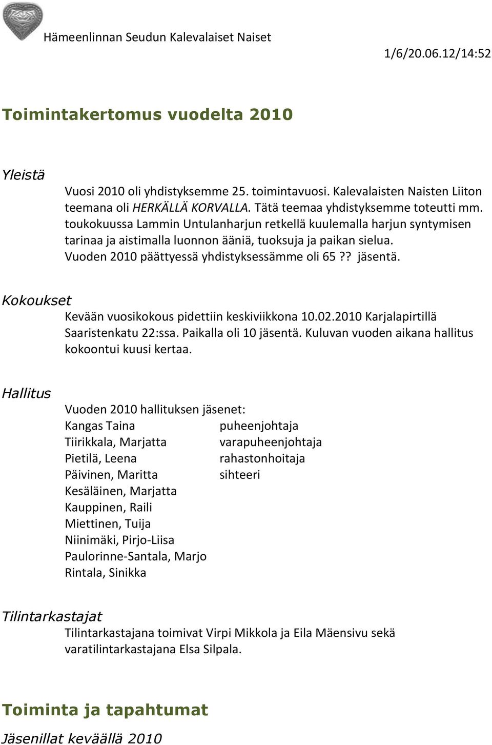 Vuoden 2010 päättyessä yhdistyksessämme oli 65?? jäsentä. Kokoukset Kevään vuosikokous pidettiin keskiviikkona 10.02.2010 Karjalapirtillä Saaristenkatu 22:ssa. Paikalla oli 10 jäsentä.