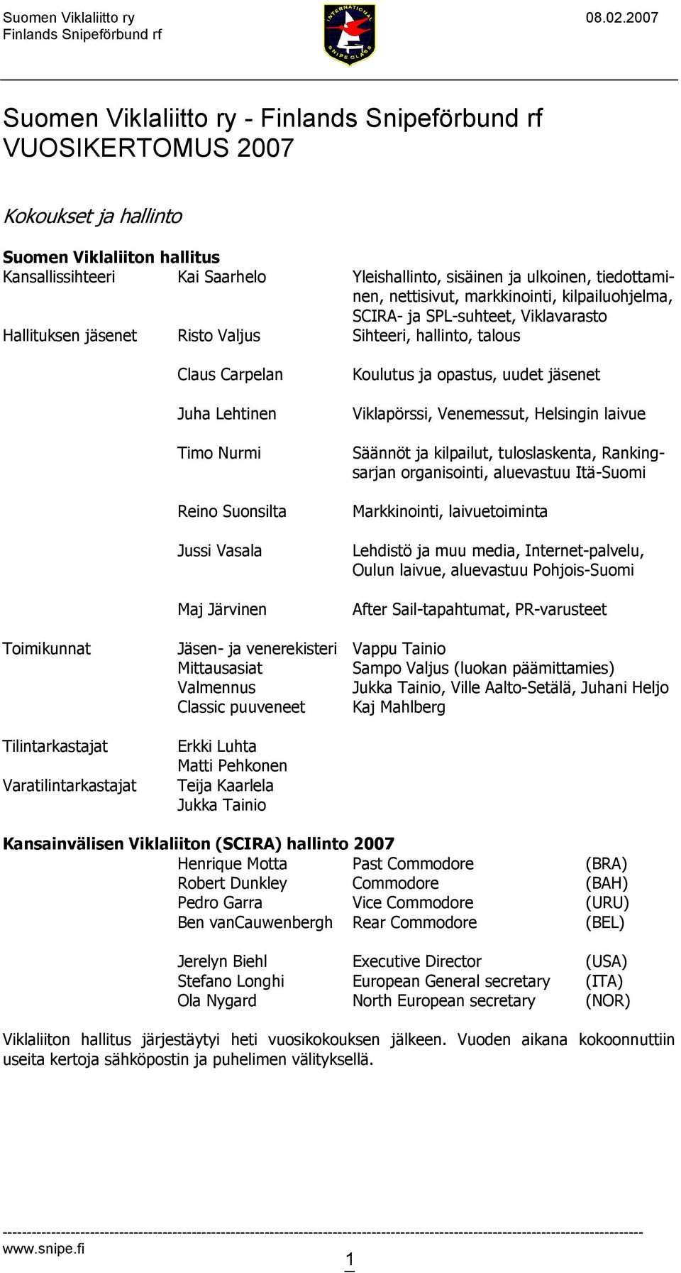 Järvinen Koulutus ja opastus, uudet jäsenet Viklapörssi, Venemessut, Helsingin laivue Säännöt ja kilpailut, tuloslaskenta, Rankingsarjan organisointi, aluevastuu Itä-Suomi Markkinointi,