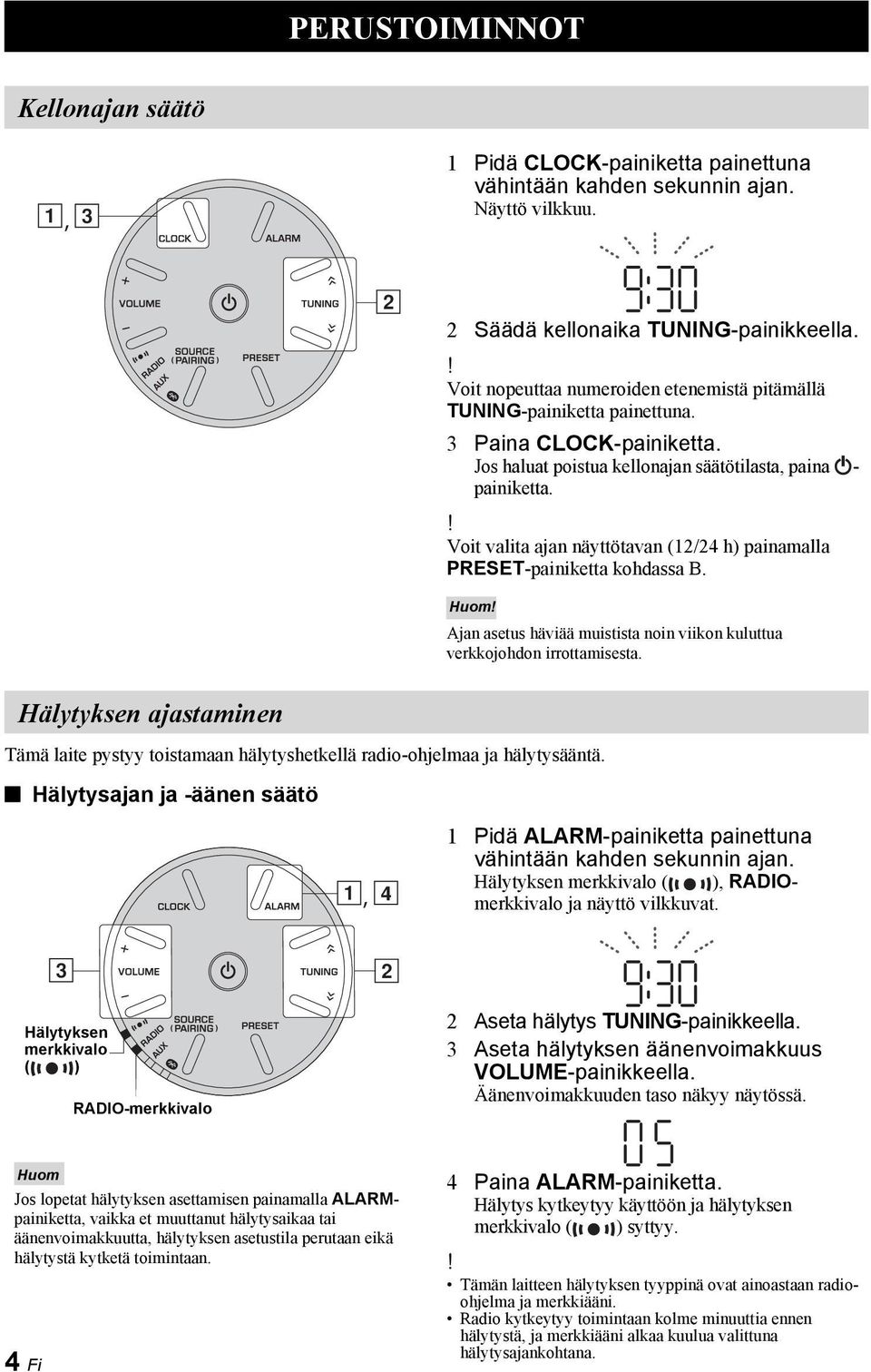 ! Voit valita ajan näyttötavan (12/24 h) painamalla PRESET-painiketta kohdassa B. Huom! Ajan asetus häviää muistista noin viikon kuluttua verkkojohdon irrottamisesta.