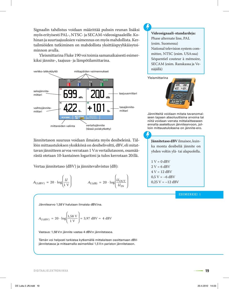 verkko-/akkukäyttö mittapäiden vaimennukset Videosignaali-standardeja: Phase alternate line, PAL (esim. Suomessa) National television system committee, NTSC (esim.