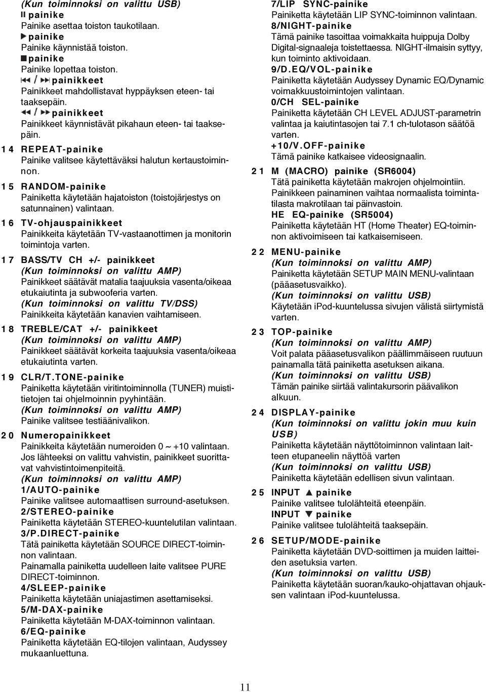 1 4 REPEAT- painike Painike valitsee käytettäväksi halutun kertaustoiminnon. 1 5 RANDOM-painike Painiketta käytetään hajatoiston (toistojärjestys on satunnainen) valintaan.