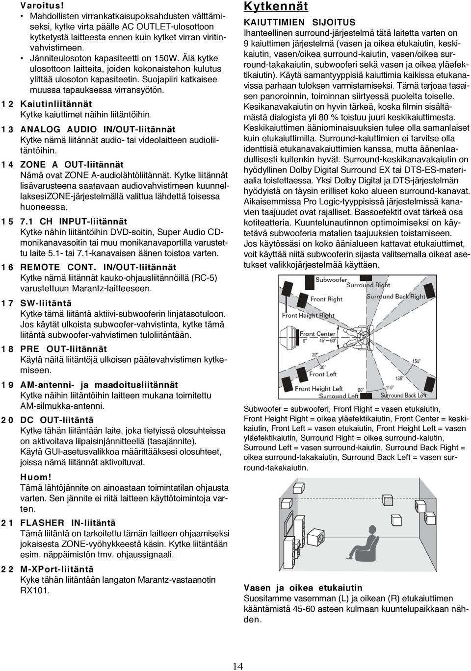 1 2 Kaiutinliitännät Kytke kaiuttimet näihin liitäntöihin. 1 3 ANALOG AUDIO IN/OUT-liitännät Kytke nämä liitännät audio- tai videolaitteen audioliitäntöihin.