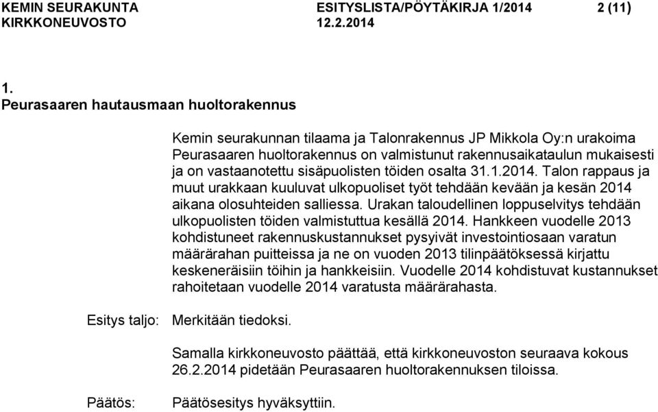 sisäpuolisten töiden osalta 31.1.2014. Talon rappaus ja muut urakkaan kuuluvat ulkopuoliset työt tehdään kevään ja kesän 2014 aikana olosuhteiden salliessa.