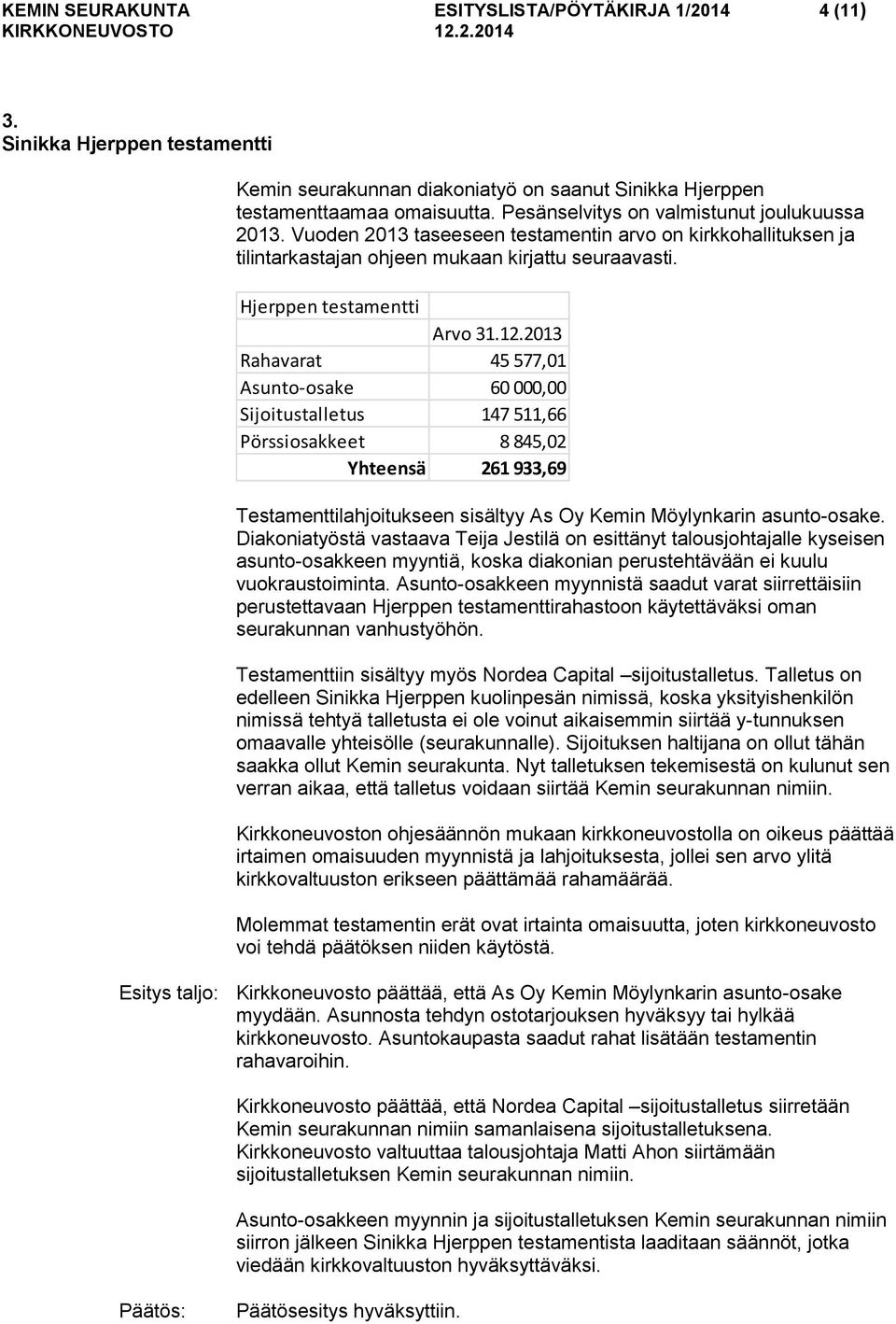 2013 Rahavarat 45 577,01 Asunto-osake 60 000,00 Sijoitustalletus 147 511,66 Pörssiosakkeet 8 845,02 Yhteensä 261 933,69 Testamenttilahjoitukseen sisältyy As Oy Kemin Möylynkarin asunto-osake.