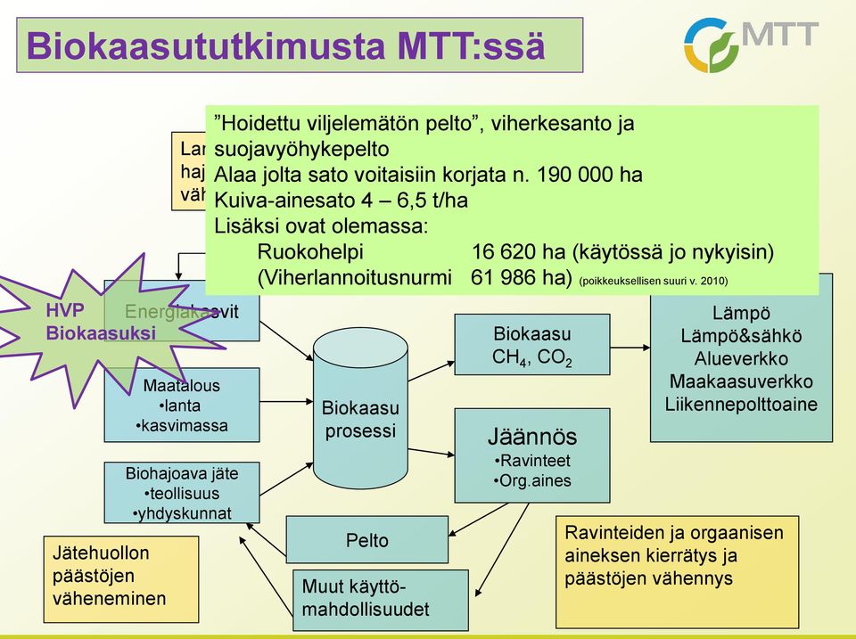 190 000 ha Kuiva-ainesato 4 6,5 t/ha Lisäksi ovat olemassa: CO 2 Ruokohelpi 16 620 ha (käytössä jo nykyisin) (Viherlannoitusnurmi 61 986 ha) (poikkeuksellisen suuri v.