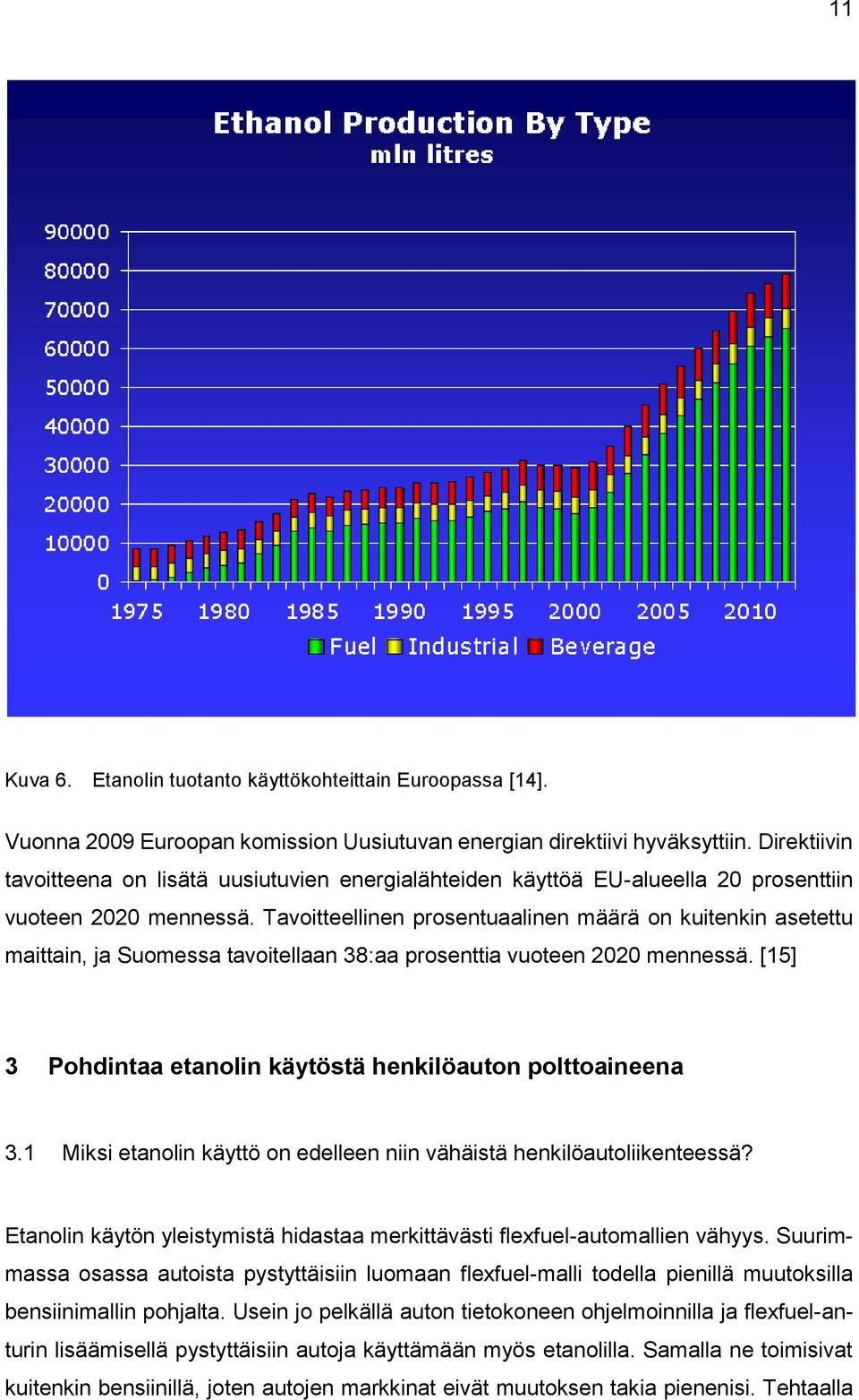 Tavoitteellinen prosentuaalinen määrä on kuitenkin asetettu maittain, ja Suomessa tavoitellaan 38:aa prosenttia vuoteen 2020 mennessä. [15] 3 Pohdintaa etanolin käytöstä henkilöauton polttoaineena 3.