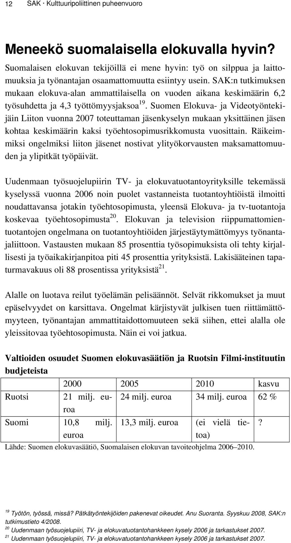 SAK:n tutkimuksen mukaan elokuva-alan ammattilaisella on vuoden aikana keskimäärin 6,2 työsuhdetta ja 4,3 työttömyysjaksoa 19.