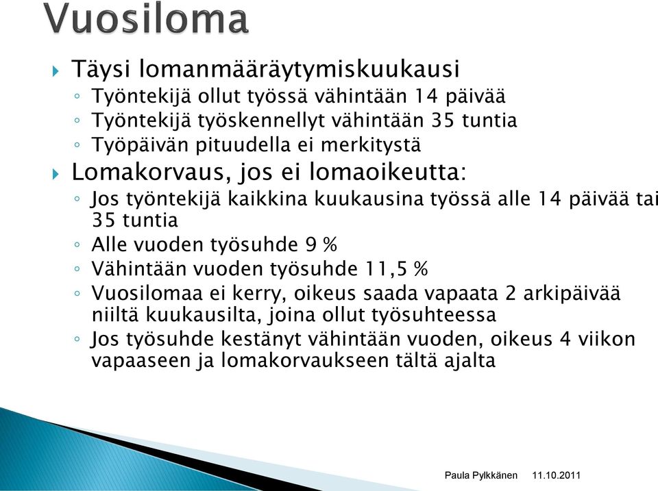 tai 35 tuntia Alle vuoden työsuhde 9 % Vähintään vuoden työsuhde 11,5 % Vuosilomaa ei kerry, oikeus saada vapaata 2 arkipäivää