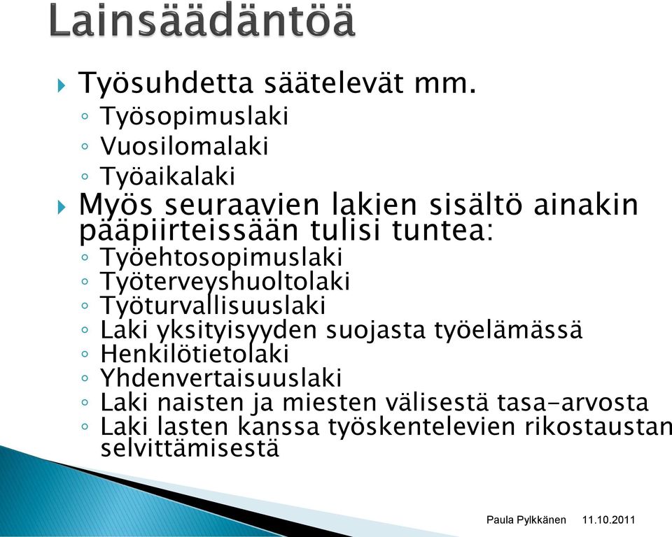 tulisi tuntea: Työehtosopimuslaki Työterveyshuoltolaki Työturvallisuuslaki Laki yksityisyyden