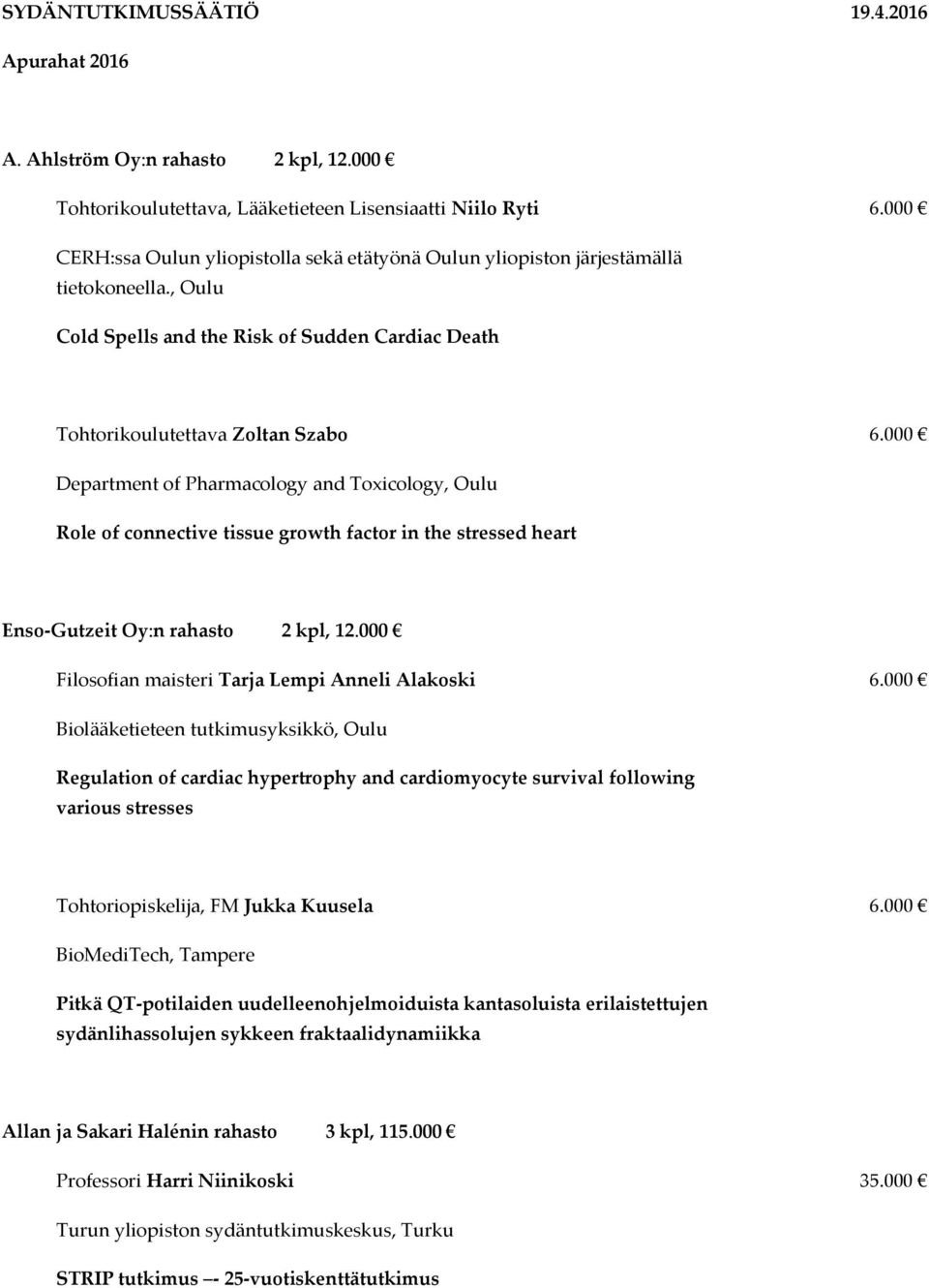 000 Department of Pharmacology and Toxicology, Oulu Role of connective tissue growth factor in the stressed heart Enso-Gutzeit Oy:n rahasto 2 kpl, 12.