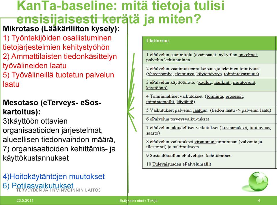 tiedonkäsittelyn työvälineiden laatu 5) Työvälineillä tuotetun palvelun laatu Mesotaso (eterveys- esoskartoitus): 3)käyttöön