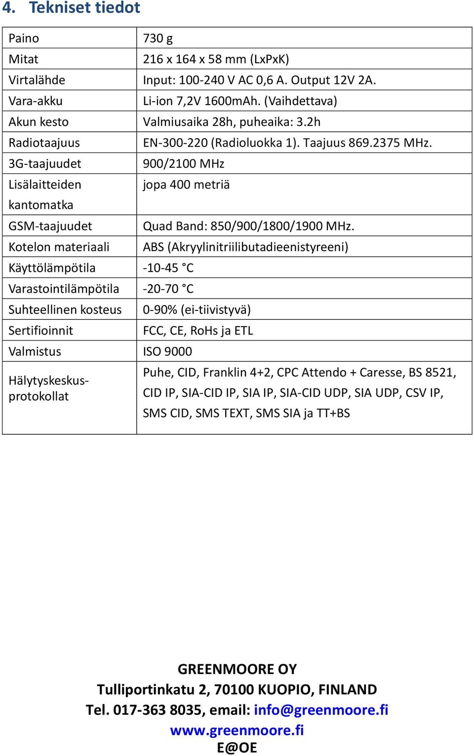 900/2100 MHz jopa 400 metriä Käyttölämpötila -10-45 C Varastointilämpötila -20-70 C Suhteellinen kosteus Sertifioinnit Valmistus ISO 9000 Hälytyskeskusprotokollat Quad Band: 850/900/1800/1900 MHz.