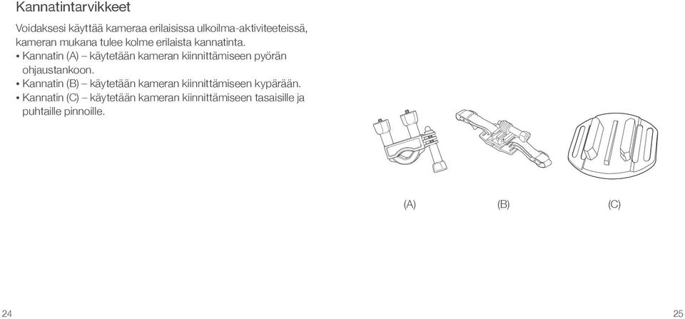 Kannatin (A) käytetään kameran kiinnittämiseen pyörän ohjaustankoon.