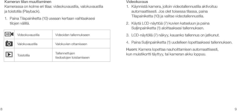 Käynnistä kamera, jolloin videotallennustila aktivoituu automaattisesti. Jos olet toisessa tilassa, paina Tilapainiketta (10) ja valitse videotallennustila. 2.