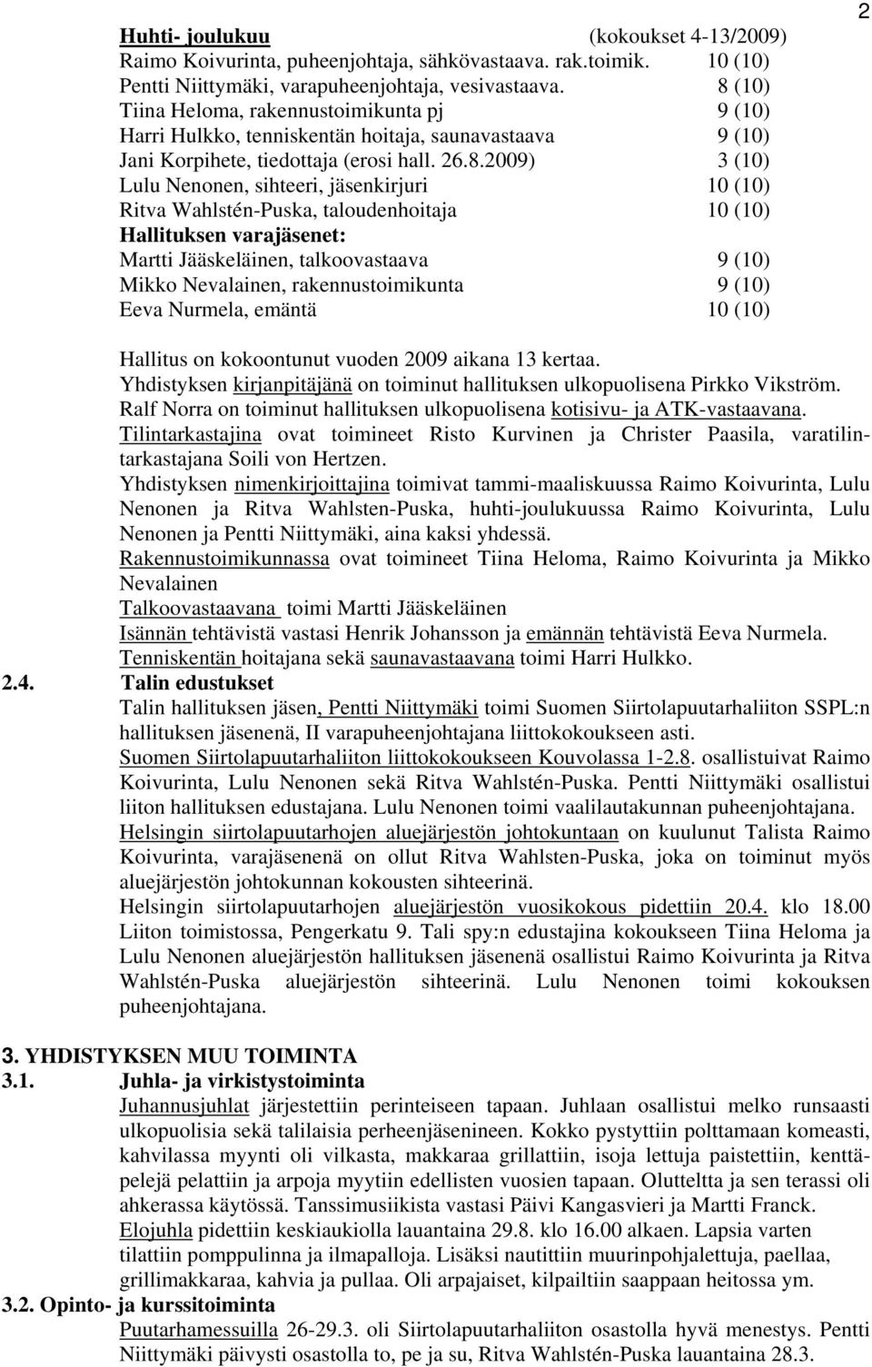 jäsenkirjuri 10 (10) Ritva Wahlstén-Puska, taloudenhoitaja 10 (10) Hallituksen varajäsenet: Martti Jääskeläinen, talkoovastaava 9 (10) Mikko Nevalainen, rakennustoimikunta 9 (10) Eeva Nurmela, emäntä