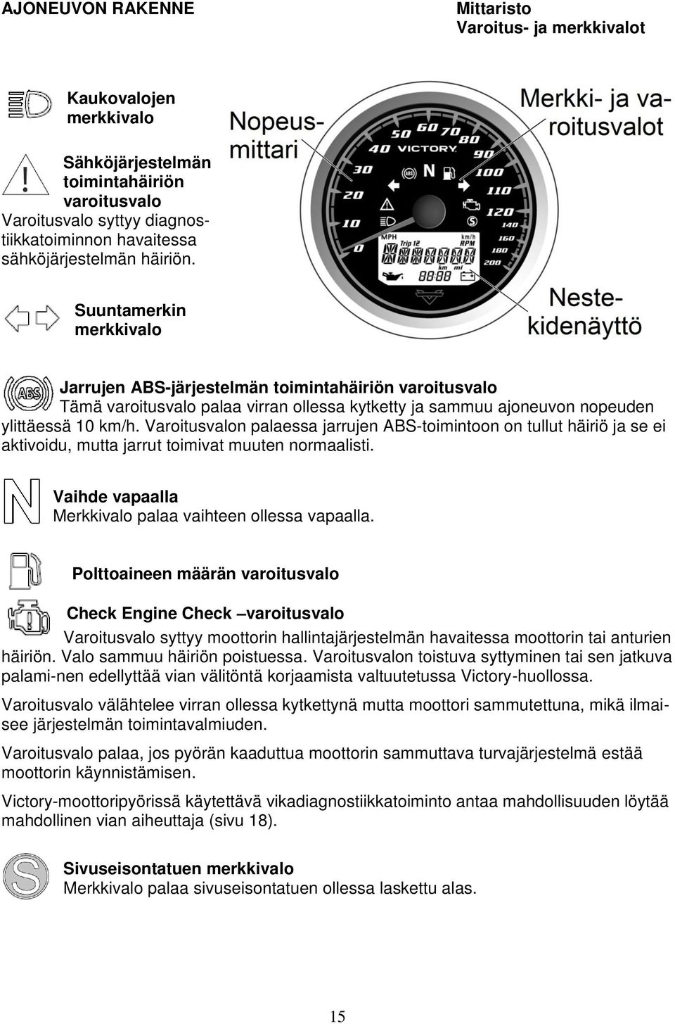 Varoitusvalon palaessa jarrujen ABS-toimintoon on tullut häiriö ja se ei aktivoidu, mutta jarrut toimivat muuten normaalisti. Vaihde vapaalla Merkkivalo palaa vaihteen ollessa vapaalla.