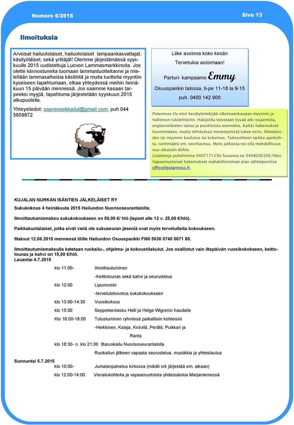 Jos saamme kasaan tarpeeksi myyjiä, tapahtuma järjestetään syyskuun 2015 alkupuolella. Yhteystiedot: saarenseikkailut@gmail.com, puh 044 5959872 Liike avoinna koko kesän Tervetuloa asioimaan!