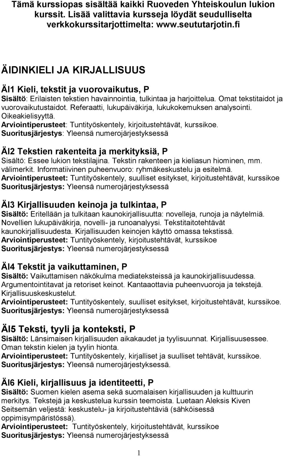 Referaatti, lukupäiväkirja, lukukokemuksen analysointi. Oikeakielisyyttä. Arviointiperusteet: Tuntityöskentely, kirjoitustehtävät, kurssikoe.