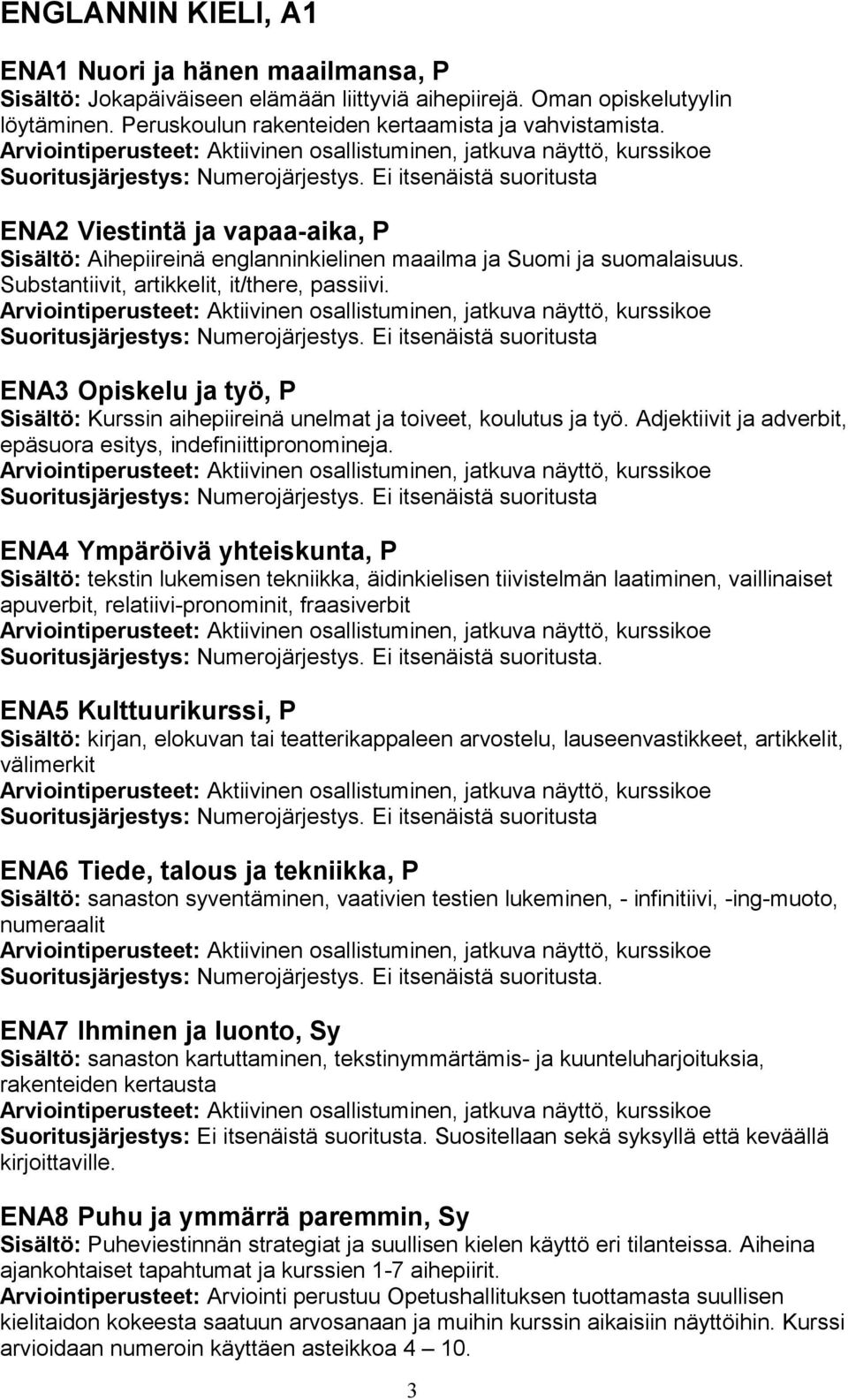 Ei itsenäistä suoritusta ENA2 Viestintä ja vapaa-aika, P Sisältö: Aihepiireinä englanninkielinen maailma ja Suomi ja suomalaisuus. Substantiivit, artikkelit, it/there, passiivi.