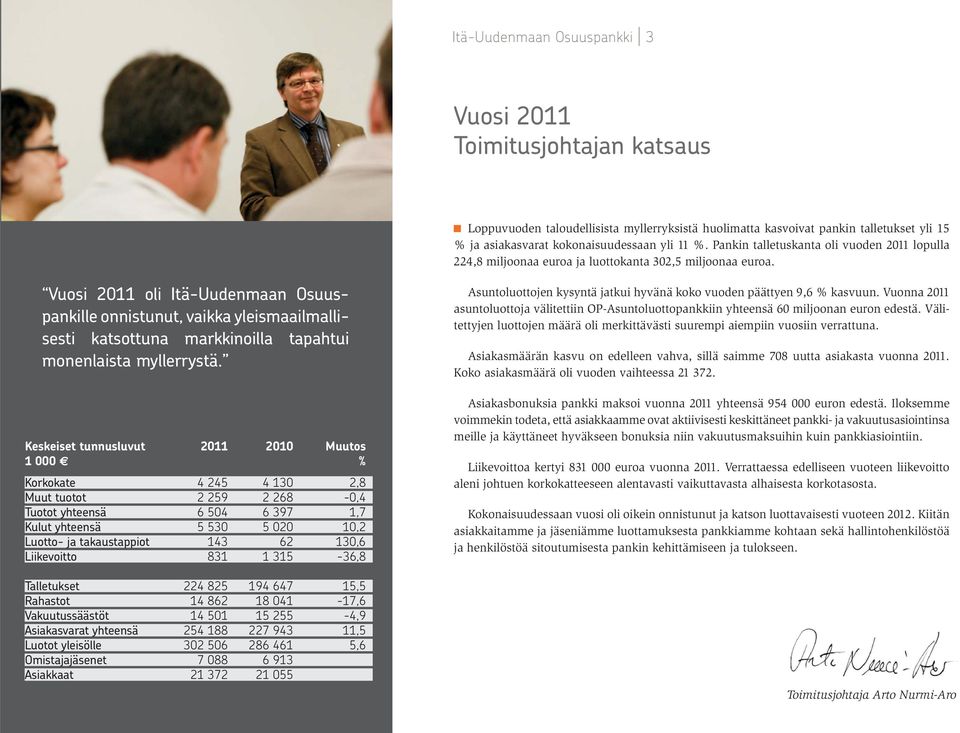 Vuosi 2011 oli Itä-Uudenmaan Osuuspankille onnistunut, vaikka yleismaailmallisesti katsottuna markkinoilla tapahtui monen laista myllerrystä.