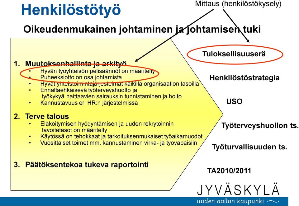 Ennaltaehkäisevä työterveyshuolto ja työkykyä haittaavien sairauksin tunnistaminen ja hoito Kannustavuus eri HR:n järjestelmissä Tuloksellisuuserä Henkilöstöstrategia USO 2.