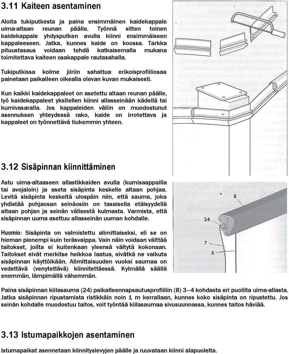 Tukiputkissa kolme jiiriin sahattua erikoisprofiiliosaa painetaan paikalleen oikealla olevan kuvan mukaisesti.