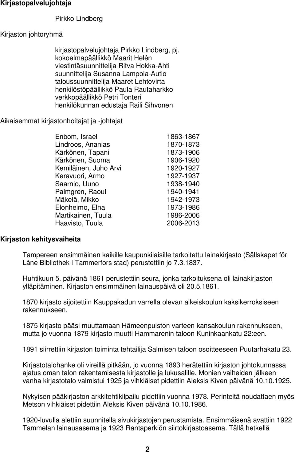 Petri Tonteri henkilökunnan edustaja Raili Sihvonen Aikaisemmat kirjastonhoitajat ja -johtajat Kirjaston kehitysvaiheita Enbom, Israel 1863-1867 Lindroos, Ananias 1870-1873 Kärkönen, Tapani 1873-1906