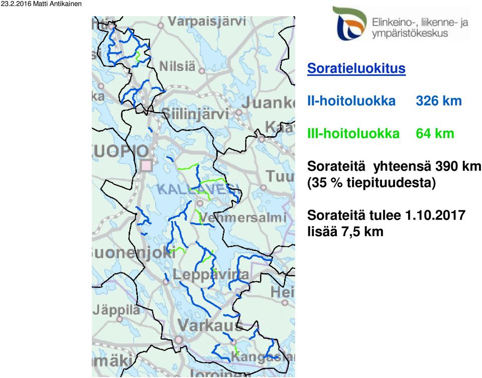 Sorateitä yhteensä 390 km (35 %