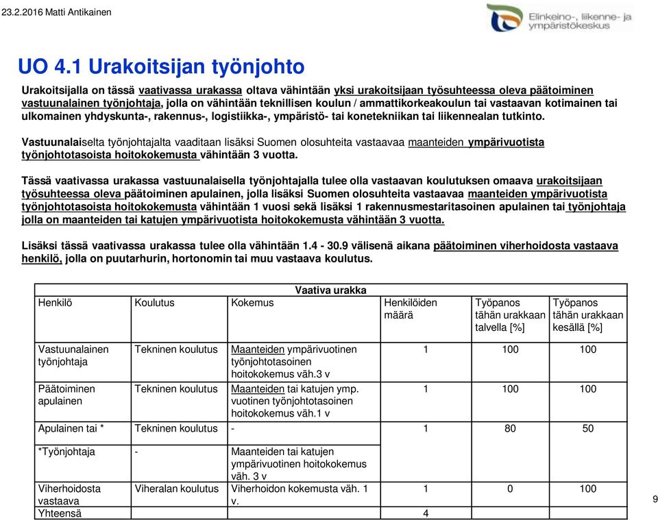 Vastuunalaiselta työnjohtajalta vaaditaan lisäksi Suomen olosuhteita vastaavaa maanteiden ympärivuotista työnjohtotasoista hoitokokemusta vähintään 3 vuotta.