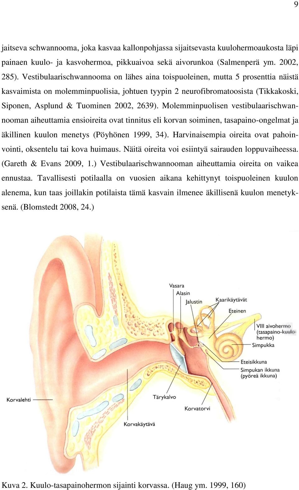 2639). Molemminpuolisen vestibulaarischwannooman aiheuttamia ensioireita ovat tinnitus eli korvan soiminen, tasapaino-ongelmat ja äkillinen kuulon menetys (Pöyhönen 1999, 34).