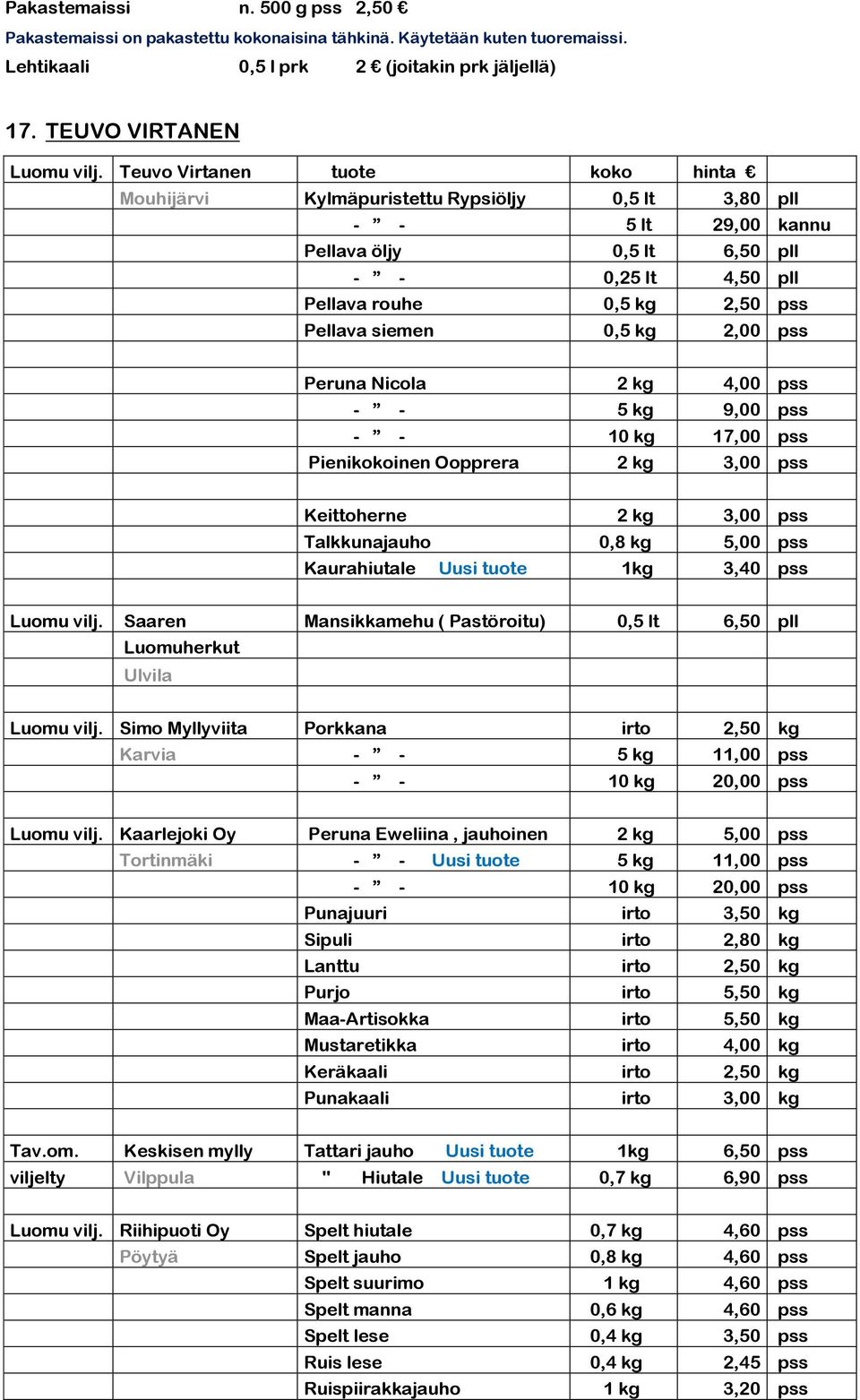 siemen 0,5 kg 2,00 pss Peruna Nicola 2 kg 4,00 pss - - 5 kg 9,00 pss - - 10 kg 17,00 pss Pienikokoinen Oopprera 2 kg 3,00 pss Keittoherne 2 kg 3,00 pss Talkkunajauho 0,8 kg 5,00 pss Kaurahiutale Uusi