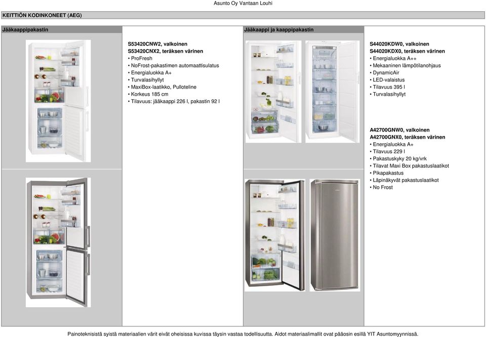 valkoinen S44020KDX0, teräksen värinen Energialuokka A++ Mekaaninen lämpötilanohjaus DynamicAir LED-valaistus Tilavuus 395 l Turvalasihyllyt A42700GNW0,