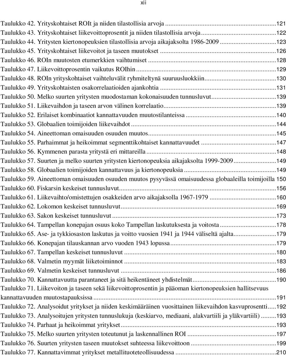 ..128 Taulukko 47. Liikevoittoprosentin vaikutus ROIhin...129 Taulukko 48. ROIn yrityskohtaiset vaihteluvälit ryhmiteltynä suuruusluokkiin...130 Taulukko 49.