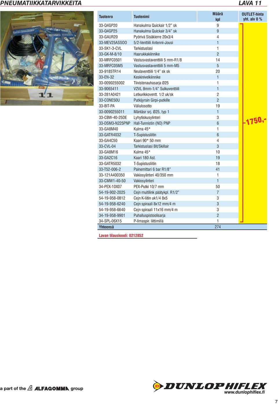 Keskinivelkiinnike 1 33-0090255002 Tiivistenauhasarja Ø25 1 33-9065411 V2VL 8-1/4 Sulkuventtiili 1 33-281A0421 Letkurikkoventt.