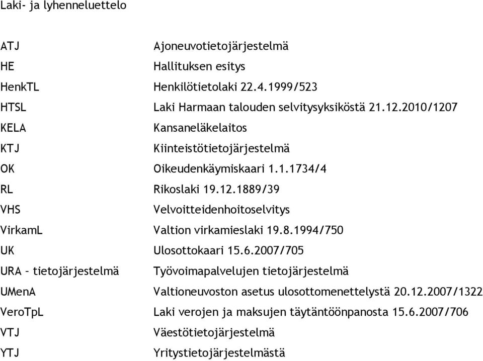 12.1889/39 VHS Velvoitteidenhoitoselvitys VirkamL Valtion virkamieslaki 19.8.1994/750 UK Ulosottokaari 15.6.