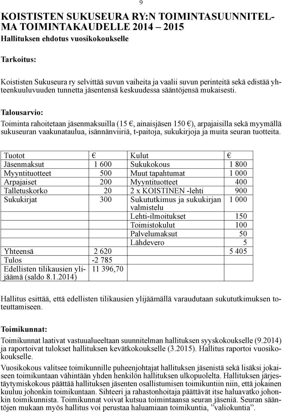 Talousarvio: Toiminta rahoitetaan jäsenmaksuilla (15, ainaisjäsen 150 ), arpajaisilla sekä myymällä sukuseuran vaakunataulua, isännänviiriä, t-paitoja, sukukirjoja ja muita seuran tuotteita.