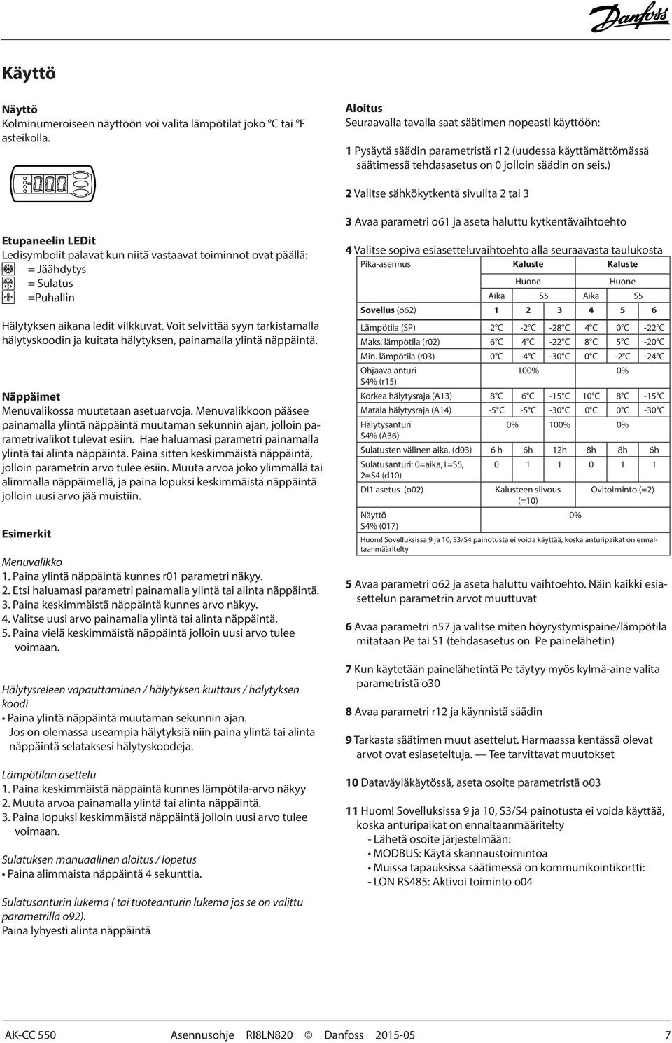 ) 2 Valitse sähkökytkentä sivuilta 2 tai 3 Etupaneelin LEDit Ledisymbolit palavat kun niitä vastaavat toiminnot ovat päällä: = Jäähdytys = Sulatus =Puhallin Hälytyksen aikana ledit vilkkuvat.