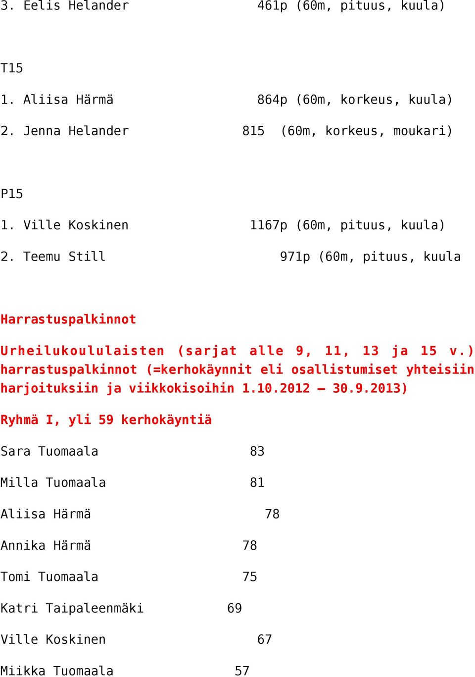 Teemu Still 971p (60m, pituus, kuula Harrastuspalkinnot Urheilukoululaisten (sarjat alle 9, 11, 13 ja 15 v.