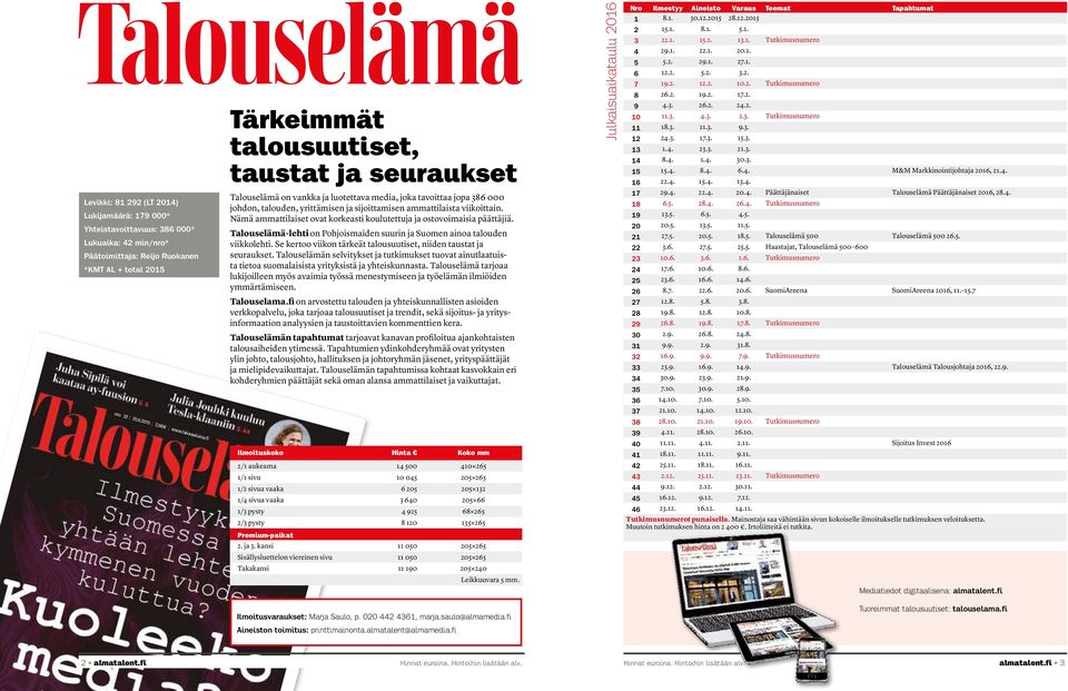 Nämä ammattilaiset ovat korkeasti koulutettuja ja ostovoimaisia päättäjiä. Talouselämä-lehti on Pohjoismaiden suurin ja Suomen ainoa talouden viikkolehti.