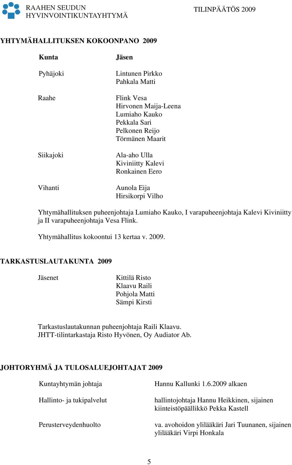 Yhtymähallitus kokoontui 13 kertaa v. 2009. TARKASTUSLAUTAKUNTA 2009 Jäsenet Kittilä Risto Klaavu Raili Pohjola Matti Sämpi Kirsti Tarkastuslautakunnan puheenjohtaja Raili Klaavu.