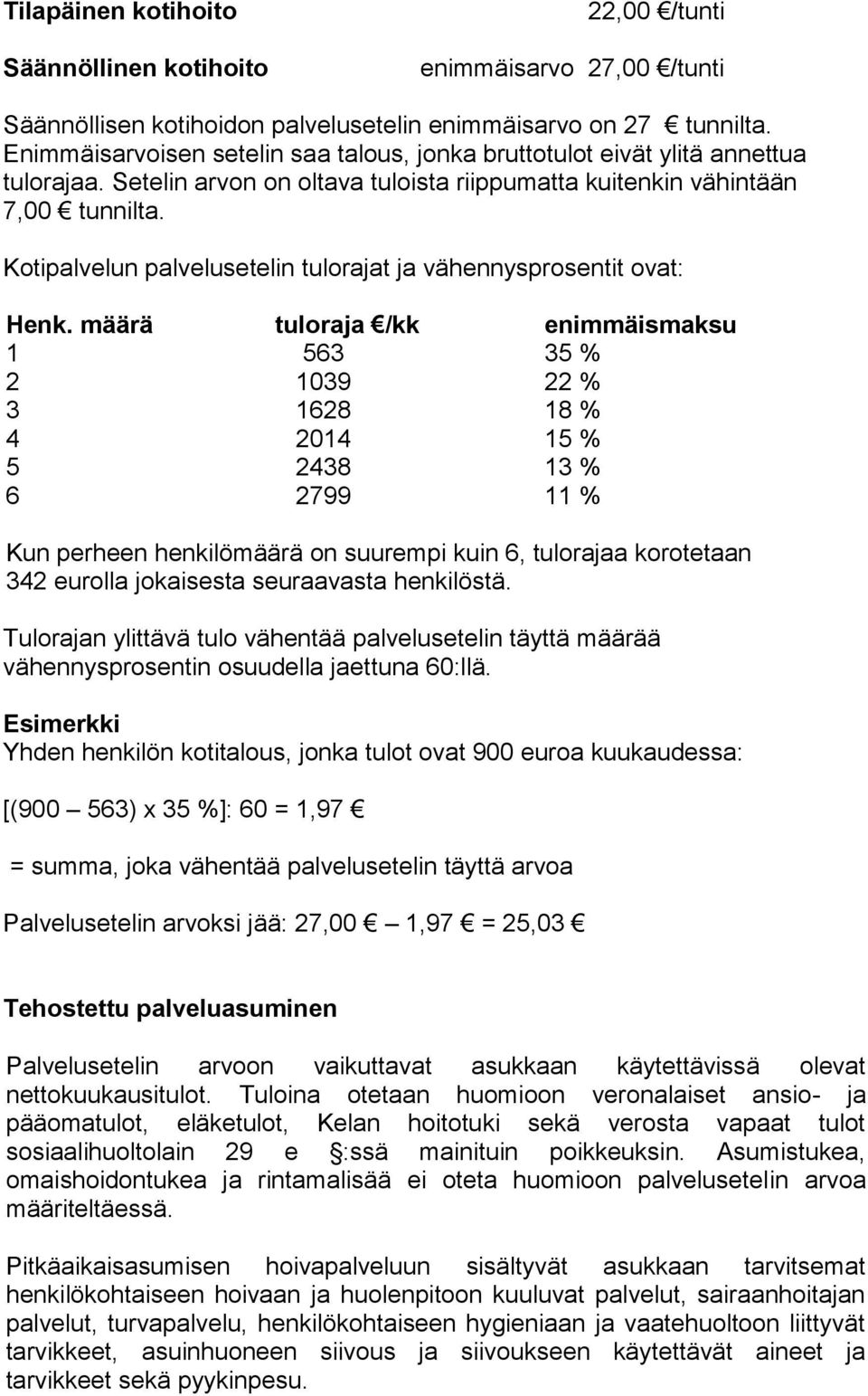 Kotipalvelun palvelusetelin tulorajat ja vähennysprosentit ovat: Henk.