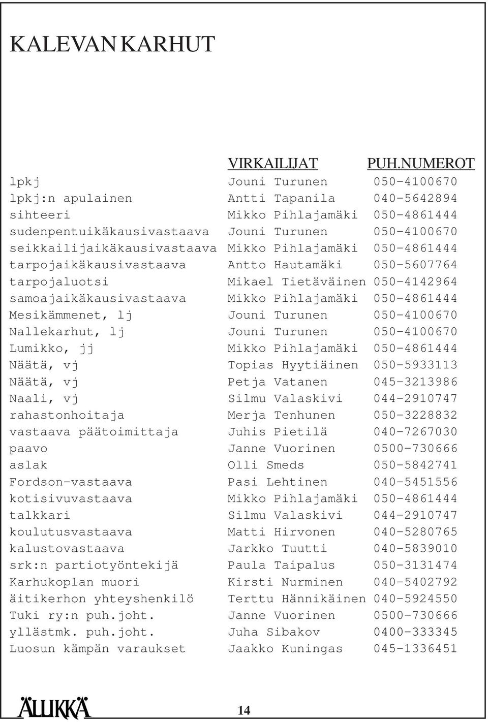 seikkailijaikäkausivastaava Mikko Pihlajamäki 050-4861444 tarpojaikäkausivastaava Antto Hautamäki 050-5607764 tarpojaluotsi Mikael Tietäväinen 050-4142964 samoajaikäkausivastaava Mikko Pihlajamäki