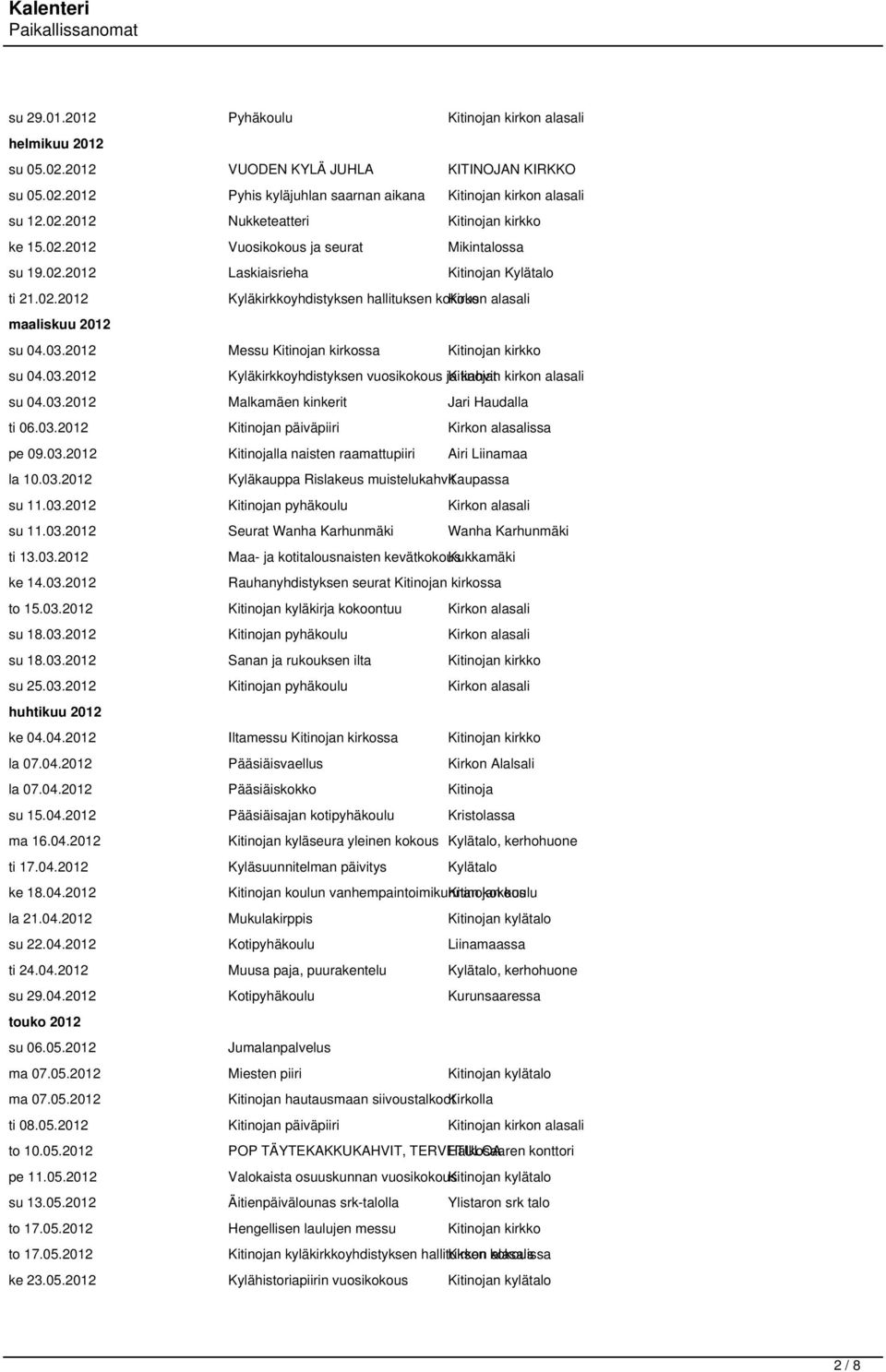 2012 Messu Kitinojan kirkossa Kitinojan kirkko su 04.03.2012 Kyläkirkkoyhdistyksen vuosikokous Kitinojan kahvit kirkon alasali su 04.03.2012 Malkamäen kinkerit Jari Haudalla ti 06.03.2012 Kitinojan päiväpiiri Kirkon alasalissa pe 09.