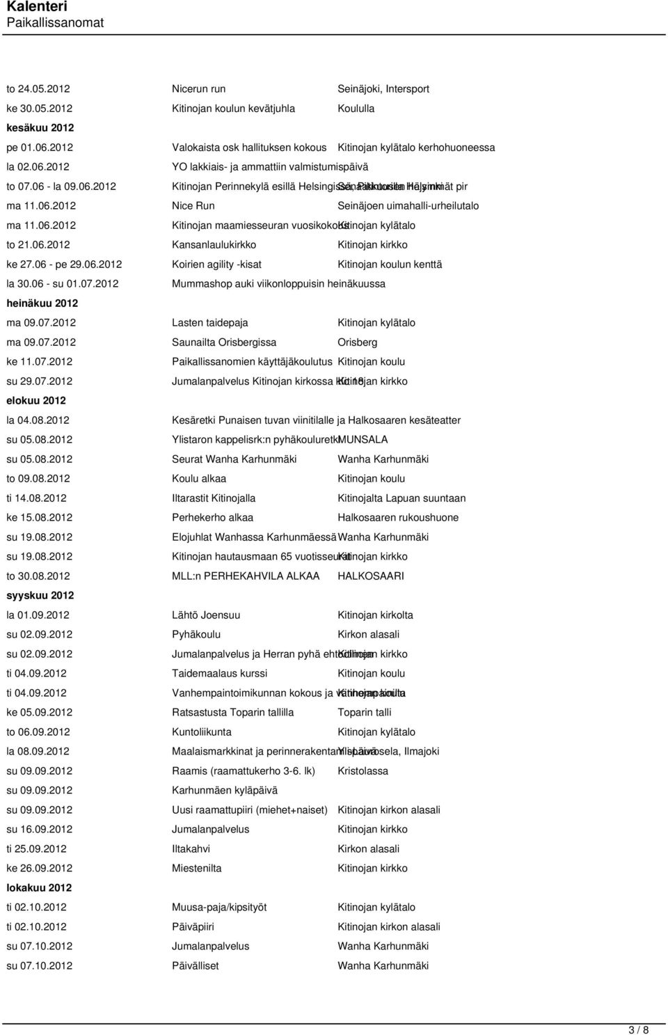 06.2012 Kitinojan maamiesseuran vuosikokous Kitinojan kylätalo to 21.06.2012 Kansanlaulukirkko Kitinojan kirkko ke 27.06 - pe 29.06.2012 Koirien agility -kisat Kitinojan koulun kenttä la 30.