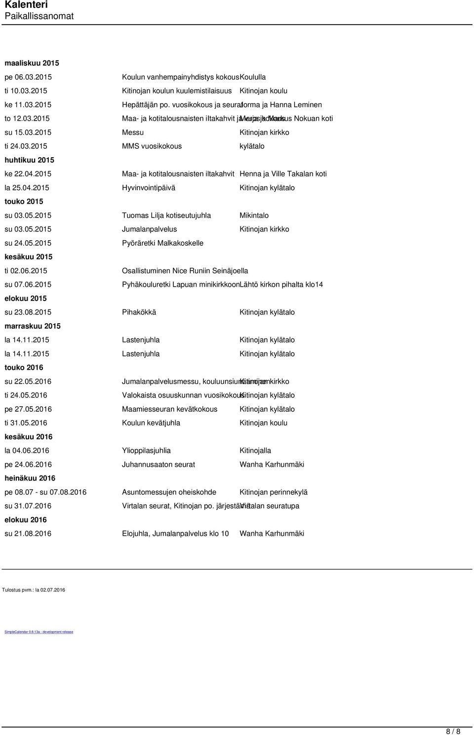 04.2015 Maa- ja kotitalousnaisten iltakahvit Henna ja Ville Takalan koti la 25.04.2015 Hyvinvointipäivä Kitinojan kylätalo touko 2015 su 03.05.2015 Tuomas Lilja kotiseutujuhla Mikintalo su 03.05.2015 Jumalanpalvelus Kitinojan kirkko su 24.