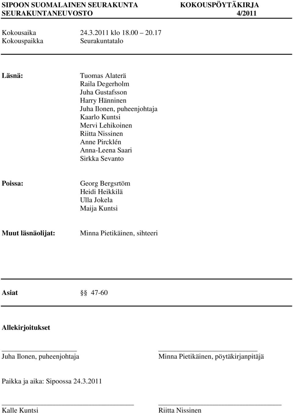 Lehikoinen Riitta Nissinen Anne Pircklén Anna-Leena Saari Sirkka Sevanto Poissa: Georg Bergsrtöm Heidi Heikkilä Ulla Jokela Maija Kuntsi Muut