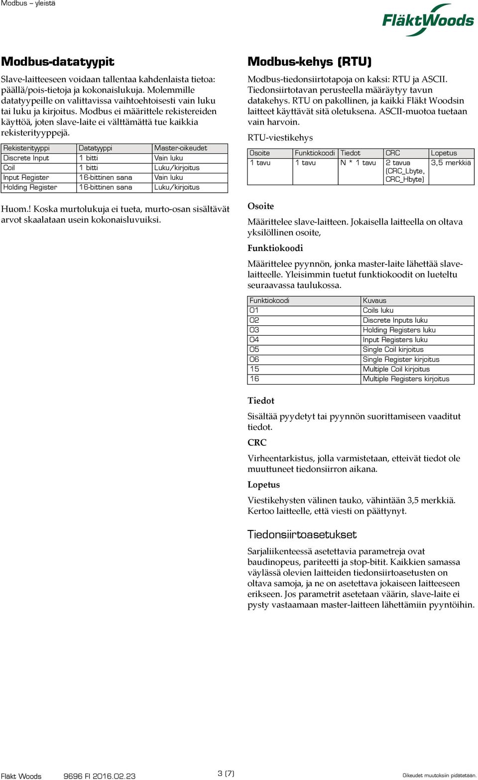 Rekisterityyppi Datatyyppi Master-oikeudet Discrete Input 1 bitti Vain luku Coil 1 bitti Luku/kirjoitus Input Register 16-bittinen sana Vain luku Holding Register 16-bittinen sana Luku/kirjoitus Huom.